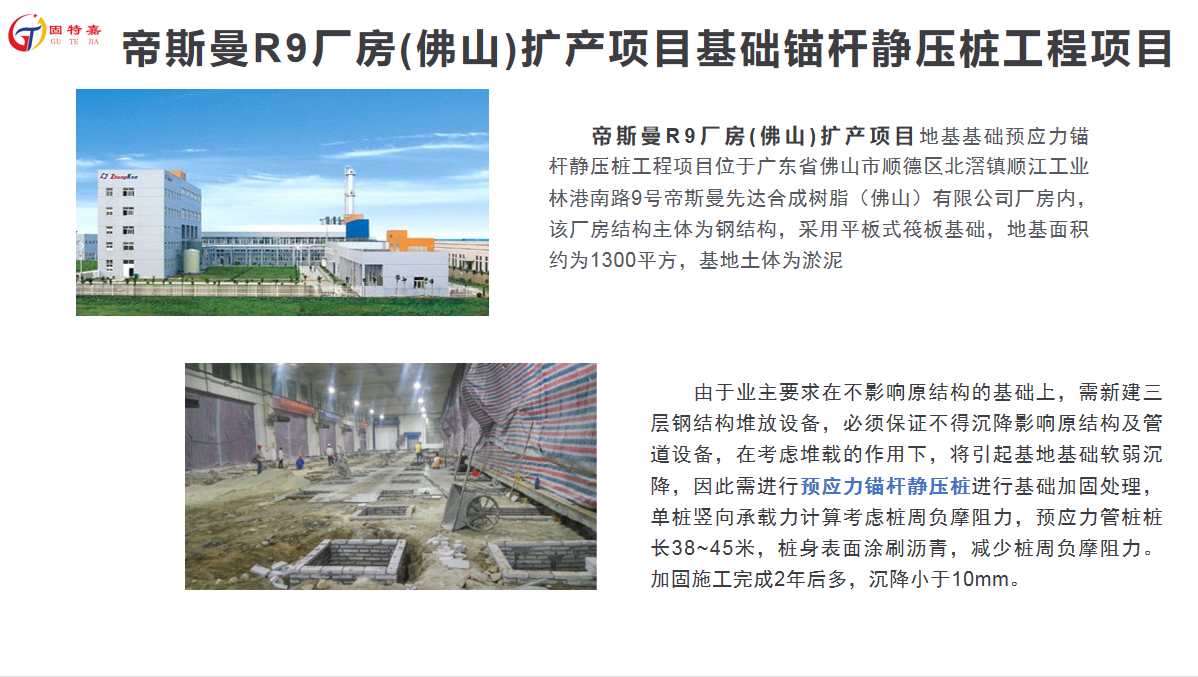 帝斯曼R9廠房(佛山)擴產項目基礎錨桿靜壓樁工程項目